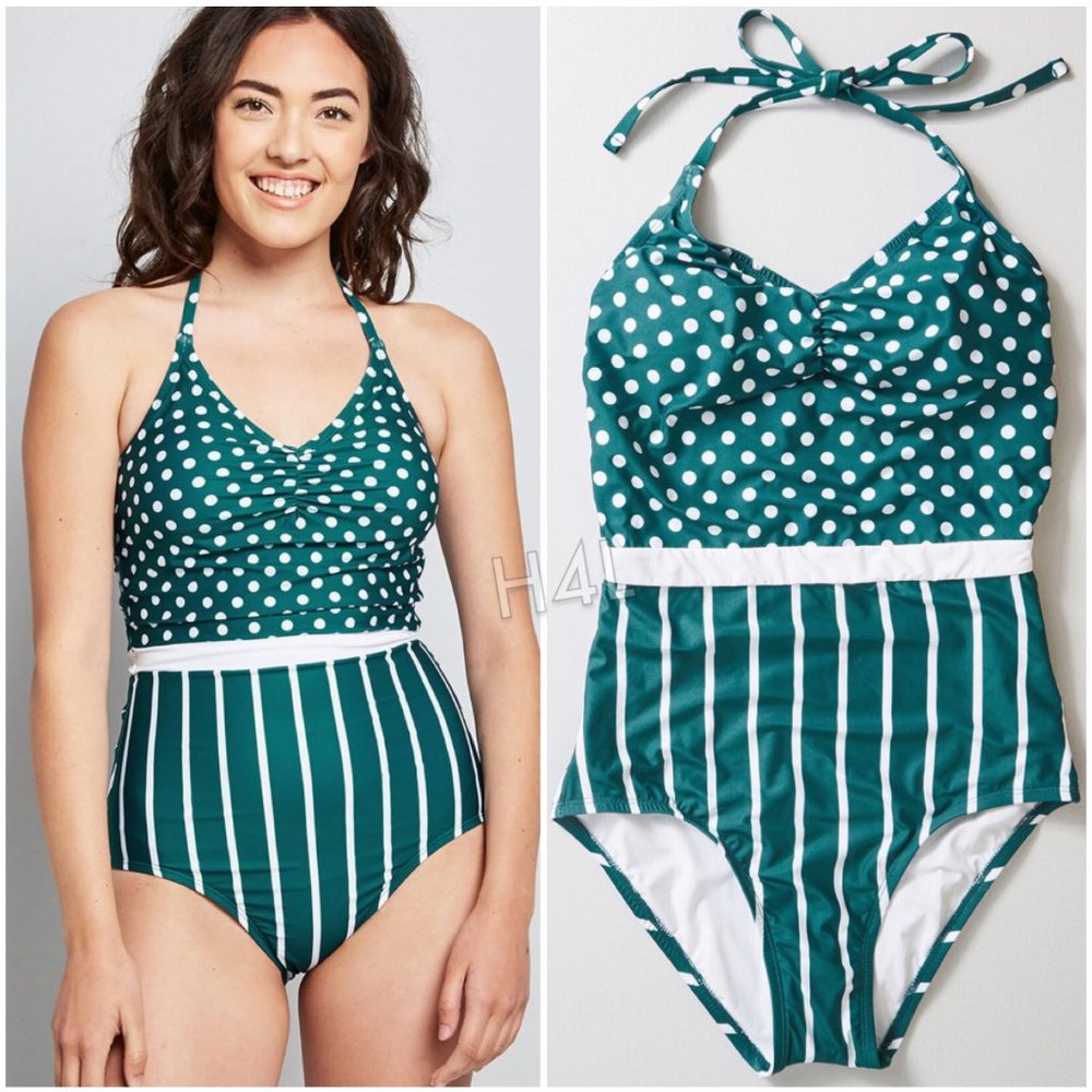 NWT ModCloth Vintage Pin-Up Teal Pattern Swimsuit - Picture 2 of 2